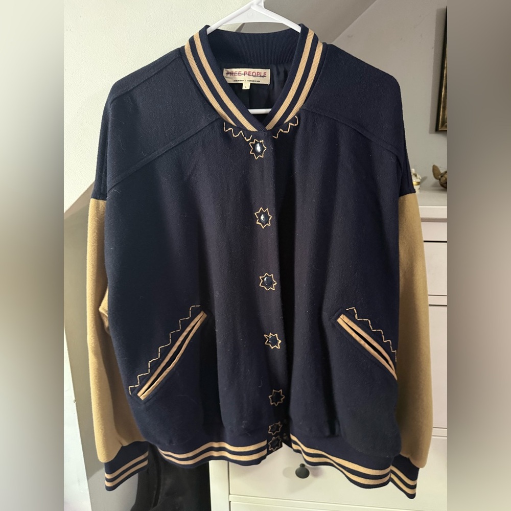 Free People Navy  wool varsity  Jacket NWOT